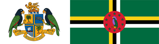 National Coat-of-Arms and Dominica flags with Sisserou parrot